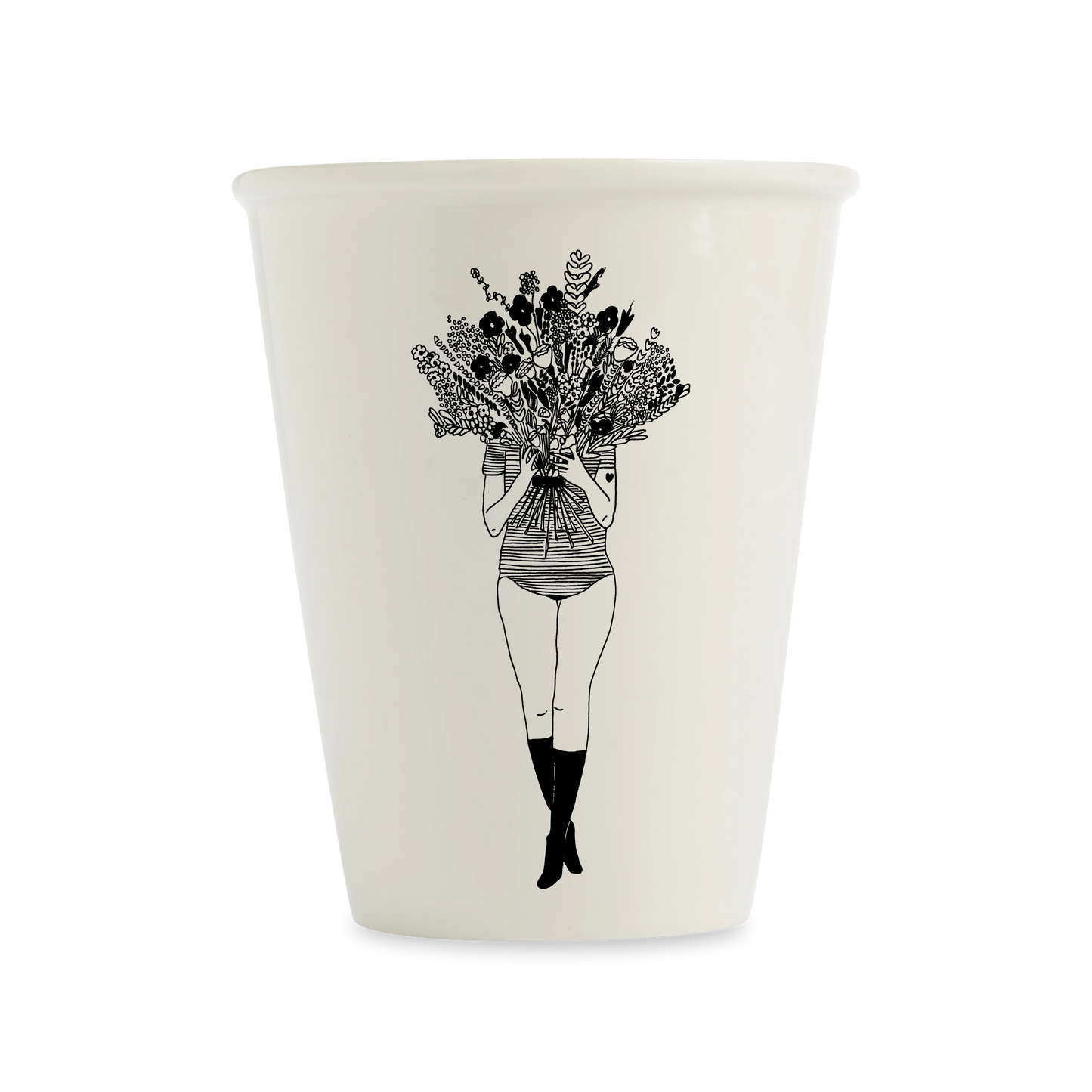 helen b Porzellanbecher mit Illustration einer Frau hinter einem großen Blumenstrauß