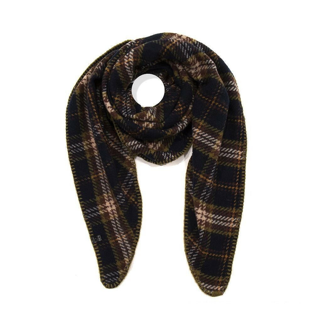 Dunkelblauer Dreieckschal mit braunem Karo-Muster, elegant drapiert auf weißem Hintergrund