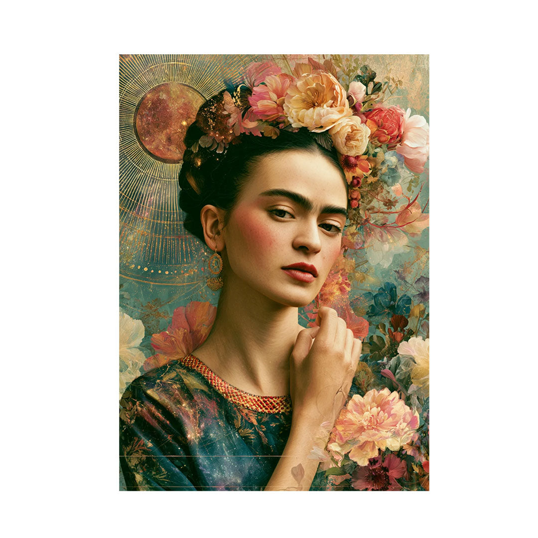 Kunstvolles Porträt einer Frau im Stil von Frida Kahlo mit Blumenkrone, auffälligen Ohrringen und einem Kleid mit feiner Struktur vor einem verträumten tealblau-goldenen Hintergrund mit Sonnenmotiv.   