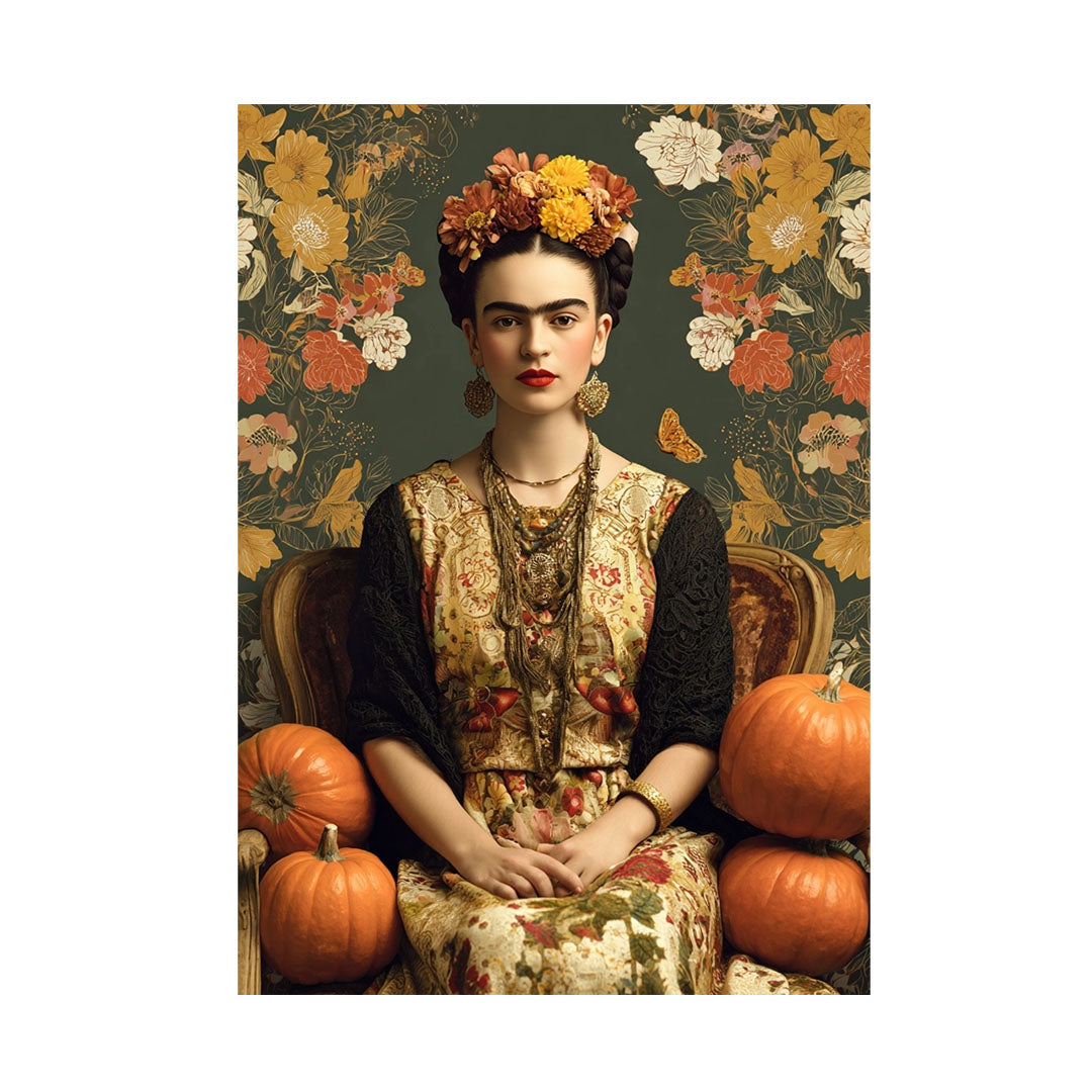 Eine sitzende Frau im Frida-Kahlo-Stil in einem reich gemusterten traditionellen Kleid mit schwarzem Stola-Tuch, gelb-orangenem Blütenschmuck im Haar und großen Kürbissen zu ihren Füßen.