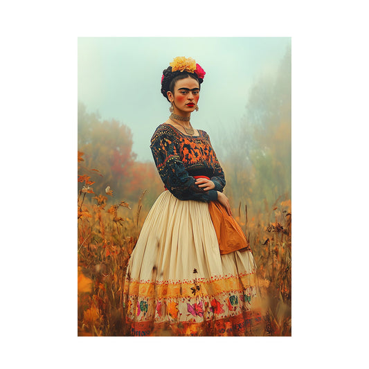 Ganzkörperporträt einer Frau im Frida-Kahlo-Stil mit Blumenkranz, gesticktem Oberteil und weit schwingendem Rock. Sie steht inmitten eines hohen, verblühten Gräserfeldes an einem kühlen, nebligen Herbsttag.