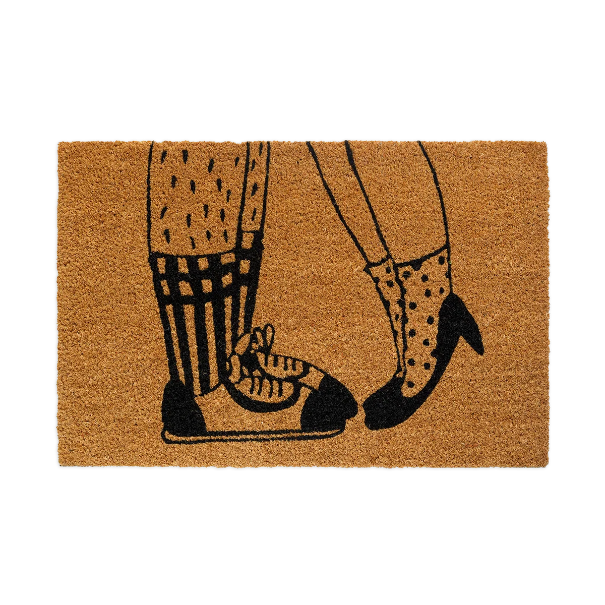 helen b Fußmatte The Kiss aus naturfarbener Kokosfaser mit schwarzer Illustration von zwei sich küssenden Beinen auf Zehenspitzen⁠