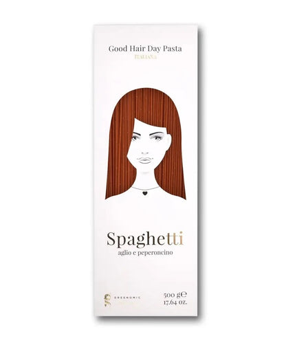 Verpackung von Good Hair Day Pasta Spaghetti mit Illustration einer Frau mit langen, glatten Haaren aus Spaghetti in Rot