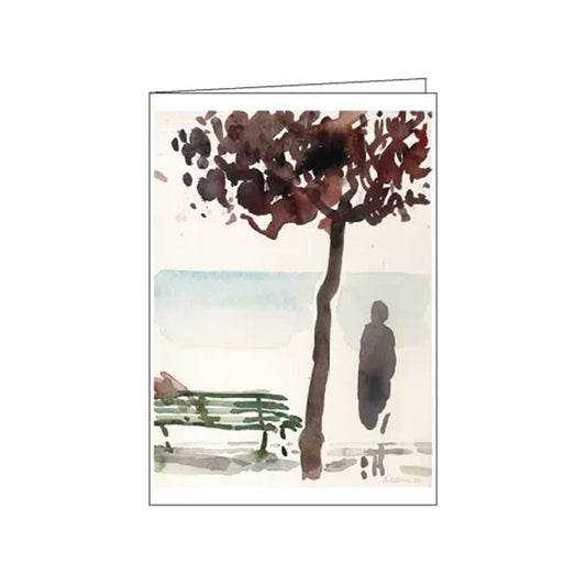 Künstlerische Aquarellmalerei einer einsamen Parkbank unter einem herbstlichen Baum an einem Gewässer, die eine melancholische und nachdenkliche Atmosphäre vermittelt.