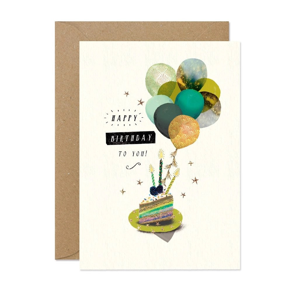 Weiße Grußkarte mit einer bunten Regenbogentorte, brennenden Kerzen und einem Strauß aus gemusterten Luftballons, Text: "Happy Birthday to you!".