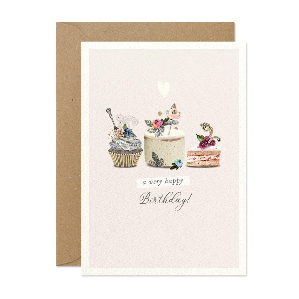 Grußkarte mit Illustrationen von einem Cupcake und zwei Tortenstücken, verziert mit Blumen und Glitzer, Text: "a very happy Birthday!".