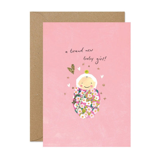 Grußkarte zur Geburt eines Mädchens in Rosa mit Baby in Blumendecke.