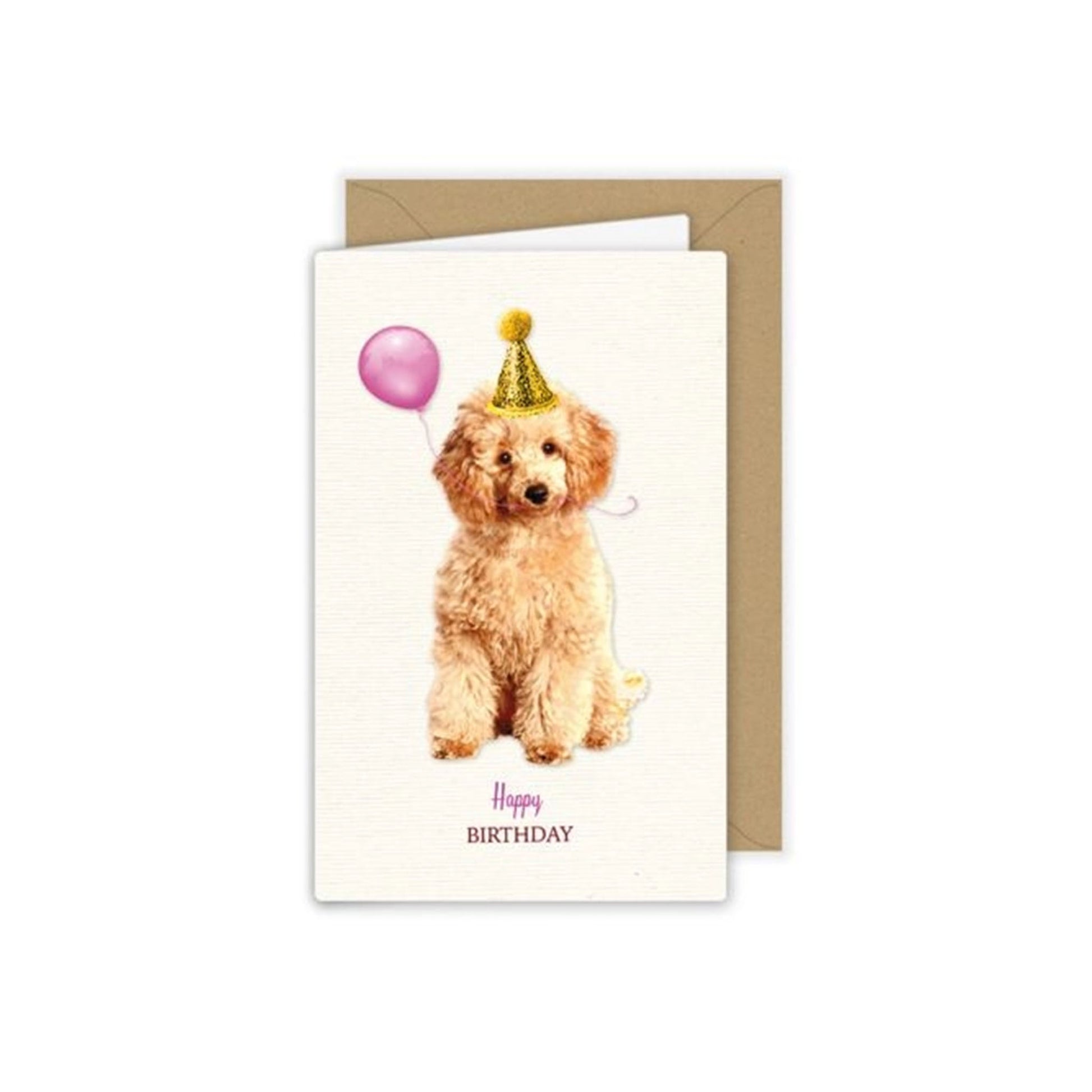 Geburtstags-Klappkarte mit einem flauschigen, hellbraunen Pudel im Vintage-Stil. Der Hund trägt einen goldenen Glitzer-Partyhut, neben ihm schwebt ein rosa Luftballon. Darunter steht der rosa-braune Text „Happy BIRTHDAY“.