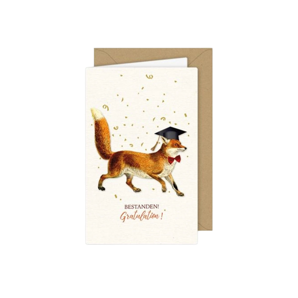 Glückwunschkarte zum Abschluss im Vintage-Stil: Ein roter Fuchs läuft fröhlich unter goldener Konfetti-Regen. Er trägt einen schwarzen Absolventenhut (Doktorhut) und eine rote Fliege. Darunter steht der Schriftzug „BESTANDEN! Gratulation!“.