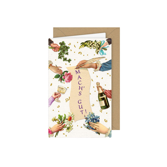 Abschieds-Grußkarte im Vintage-Stil: Mehrere liebevoll illustrierte Hände halten Glücksbringer wie Kleeblätter, Maiglöckchen, Rosen, ein Sektglas und eine Champagnerflasche. In der Mitte schreibt eine Hand mit Feder auf ein Pergamentband den Schriftzug „MACH'S GUT!“.