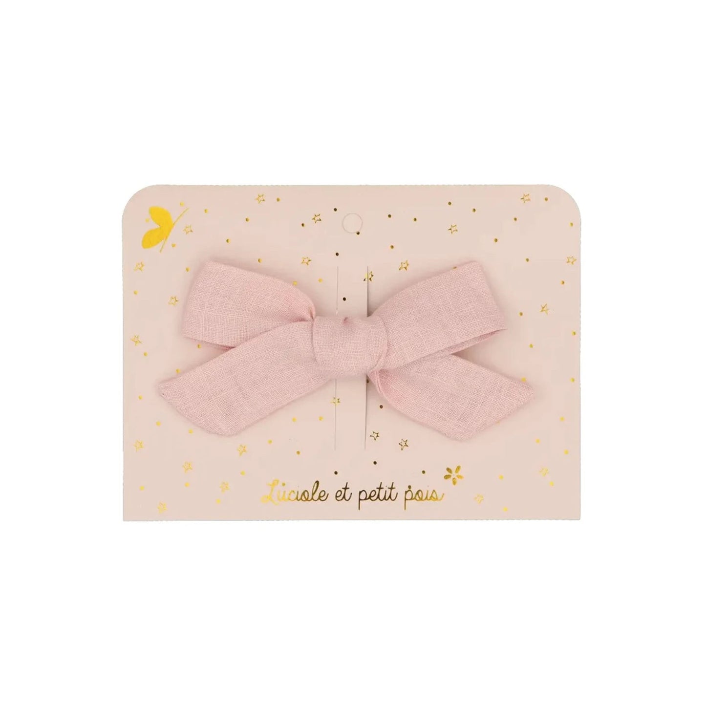 Zarte Haarschleife aus hellrosa Leinenstoff. Das minimalistische Design zeigt die natürliche Webstruktur des Materials, präsentiert auf einer hübschen Geschenkkarte.