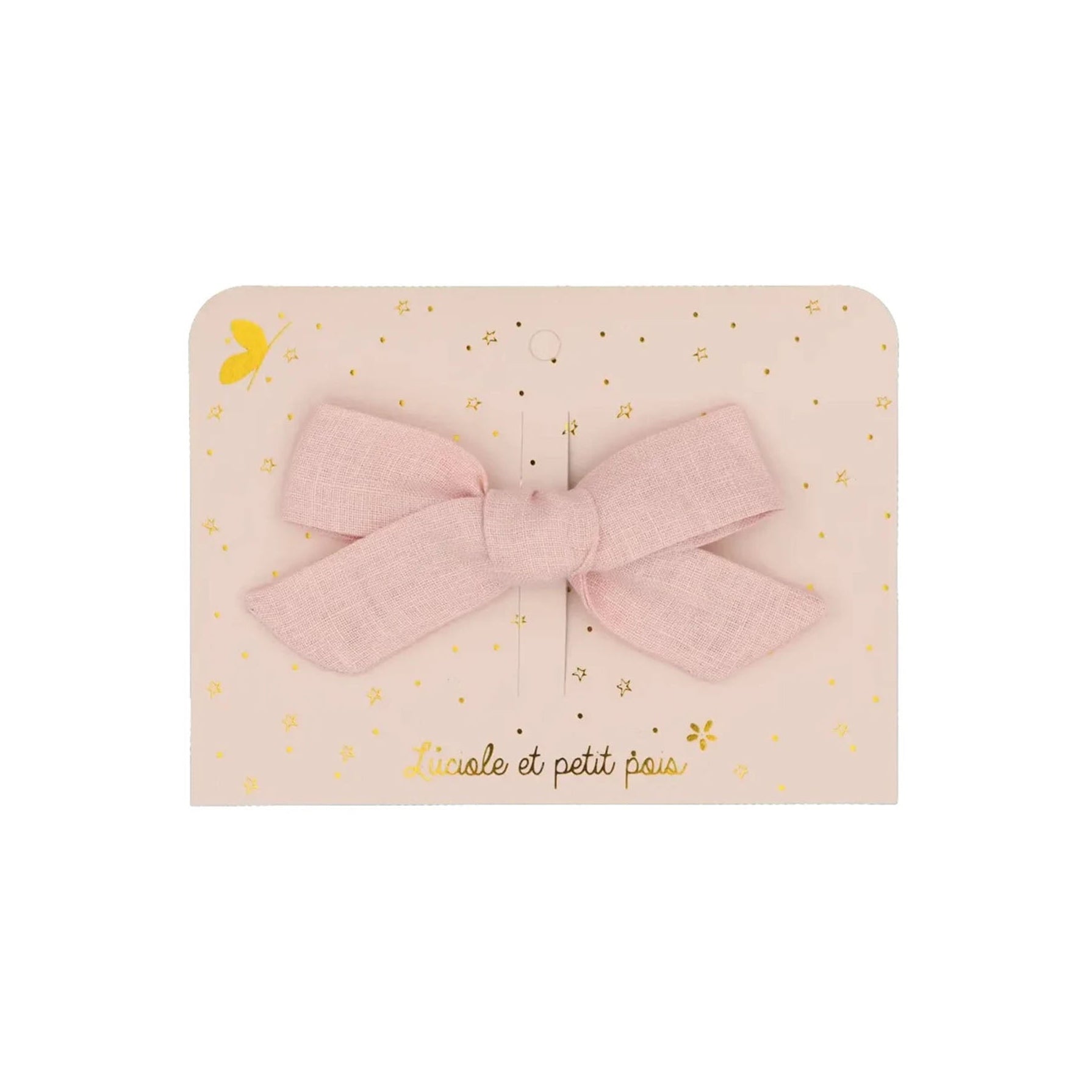 Zarte Haarschleife aus hellrosa Leinenstoff. Das minimalistische Design zeigt die natürliche Webstruktur des Materials, präsentiert auf einer hübschen Geschenkkarte.
