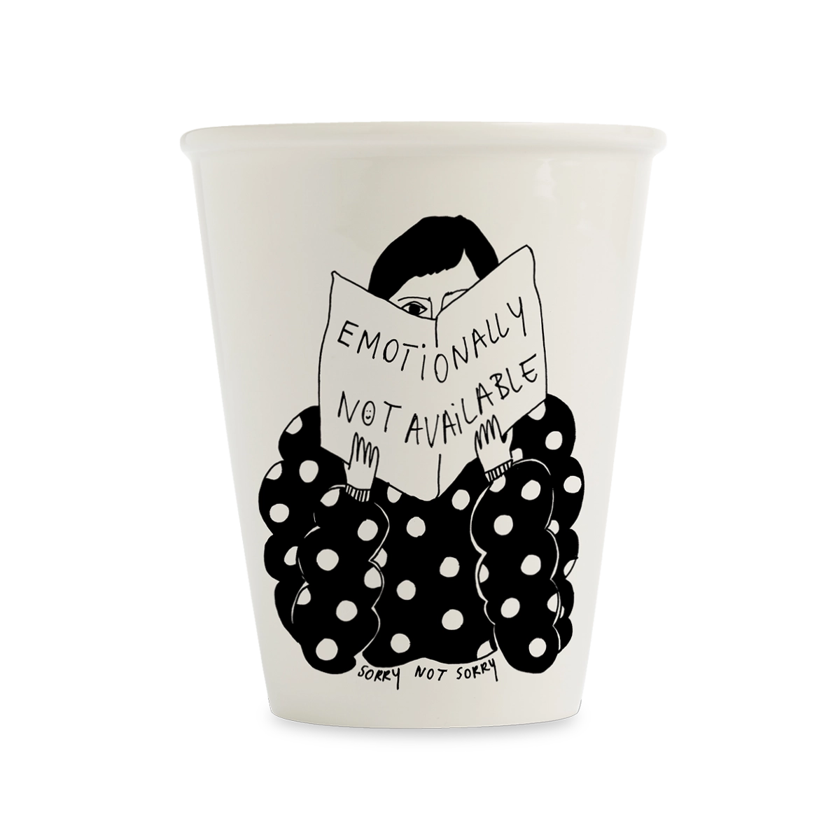 helen b Tasse aus Porzellan mit schwarzer Linienzeichnung einer lesenden Frau und dem Text Emotionally not available