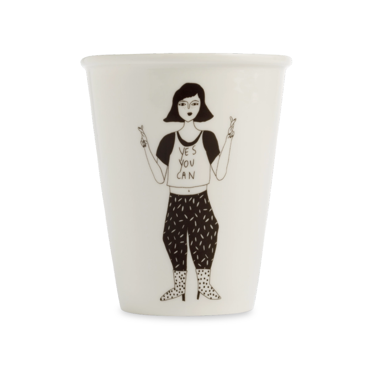 helen b handgefertigter Becher aus Porzellan mit Motiv einer Frau, die das Peace-Zeichen macht und Aufschrift Yes you can