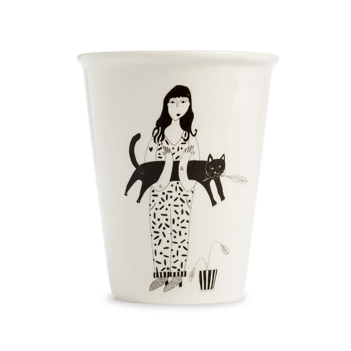 helen b Porzellanbecher ohne Henkel mit schwarzer Strichzeichnung einer Frau, die eine Katze hält