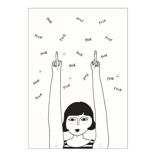 Schwarz-Weiß-Illustration einer lächelnden Person mit kurzen dunklen Haaren, die beide Mittelfinger nach oben streckt. Auf den Fingerkuppen sind kleine Smileys gezeichnet. Im Hintergrund schweben verstreut die Wörter „FuCK“ und kleine Smileys.