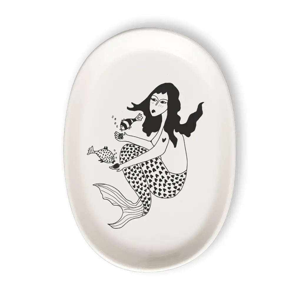 Ovales helen b Porzellanschälchen Mermaid mit schwarzer Illustration einer Meerjungfrau und zwei kleinen Fischen