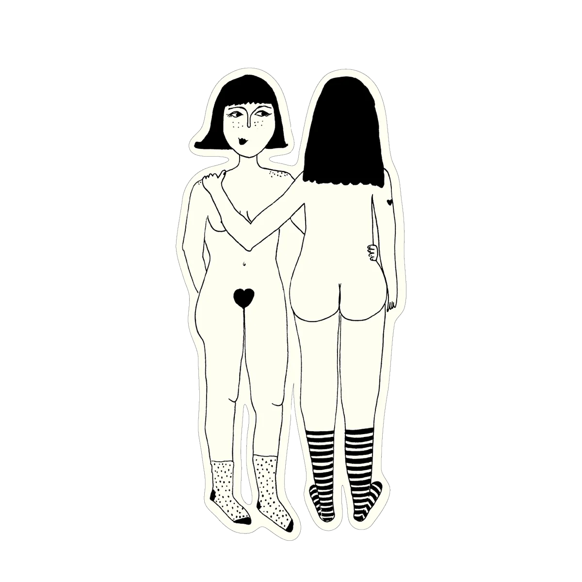 Eine minimalistische Schwarz-Weiß-Zeichnung von zwei nackten Frauen nebeneinander. Die linke Frau schaut nach vorne, hat Sommersprossen, dunkles kurzes Haar mit Pony und ein schwarzes Herz als Schamhaar; sie trägt gepunktete Socken. Die rechte Frau steht mit dem Rücken zum Betrachter, hat dunkles, schulterlanges Haar, legt ihren Arm um die Schulter der linken Frau und trägt gestreifte Socken.
