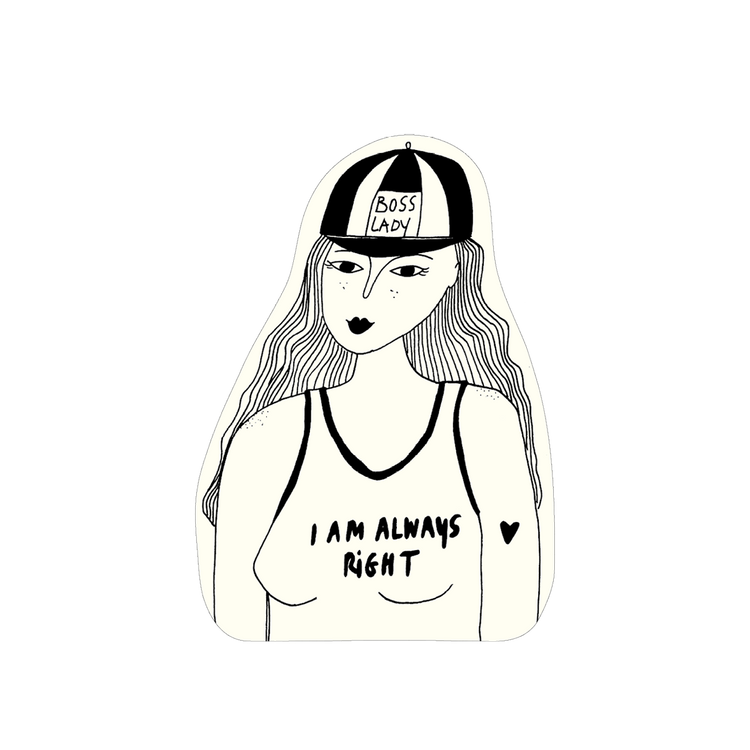 Eine Schwarz-Weiß-Sticker-Zeichnung einer langhaarigen Frau von vorne. Sie trägt eine gestreifte Mütze mit dem Aufdruck „BOSS LADY“ und ein Tanktop mit dem Text „I AM ALWAYS RIGHT“. Ein kleines Herz ist auf ihrem Oberarm zu sehen.