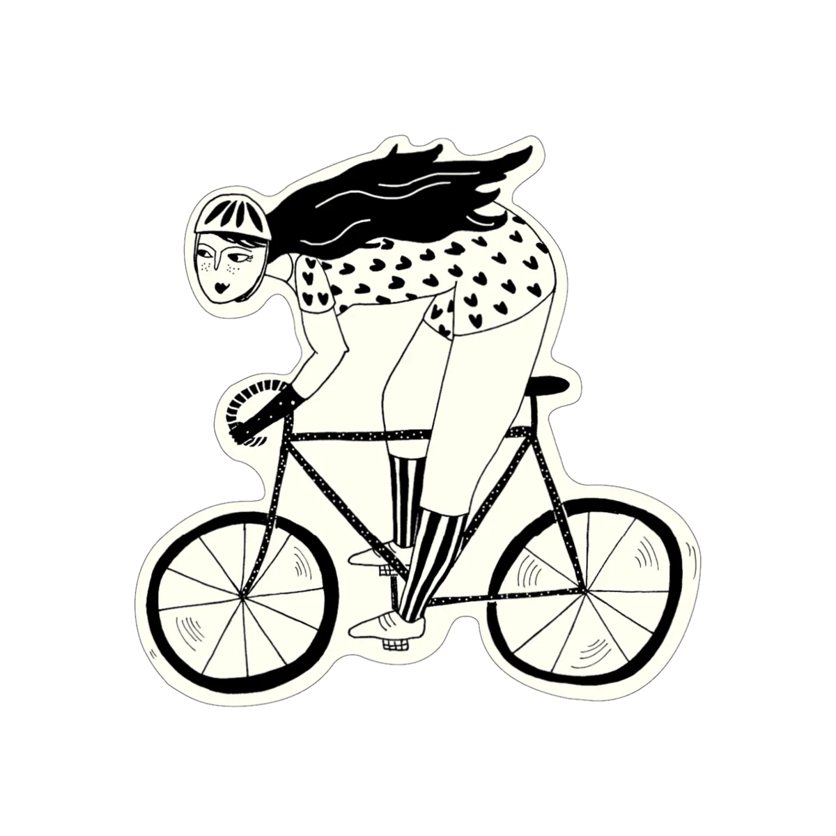 Eine Schwarz-Weiß-Sticker-Zeichnung einer Frau auf einem Fahrrad. Sie trägt einen Helm, ein mit Herzen gemustertes Shirt und hat sehr langes, im Wind wehendes Haar. Sie befindet sich in einer dynamischen Fahrposition.