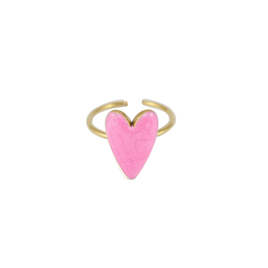 Verstellbarer Herzring aus goldfarbenem Metall mit einem großen, pinken herzförmigen Element in V-förmiger Fassung, präsentiert auf weißem Hintergrund