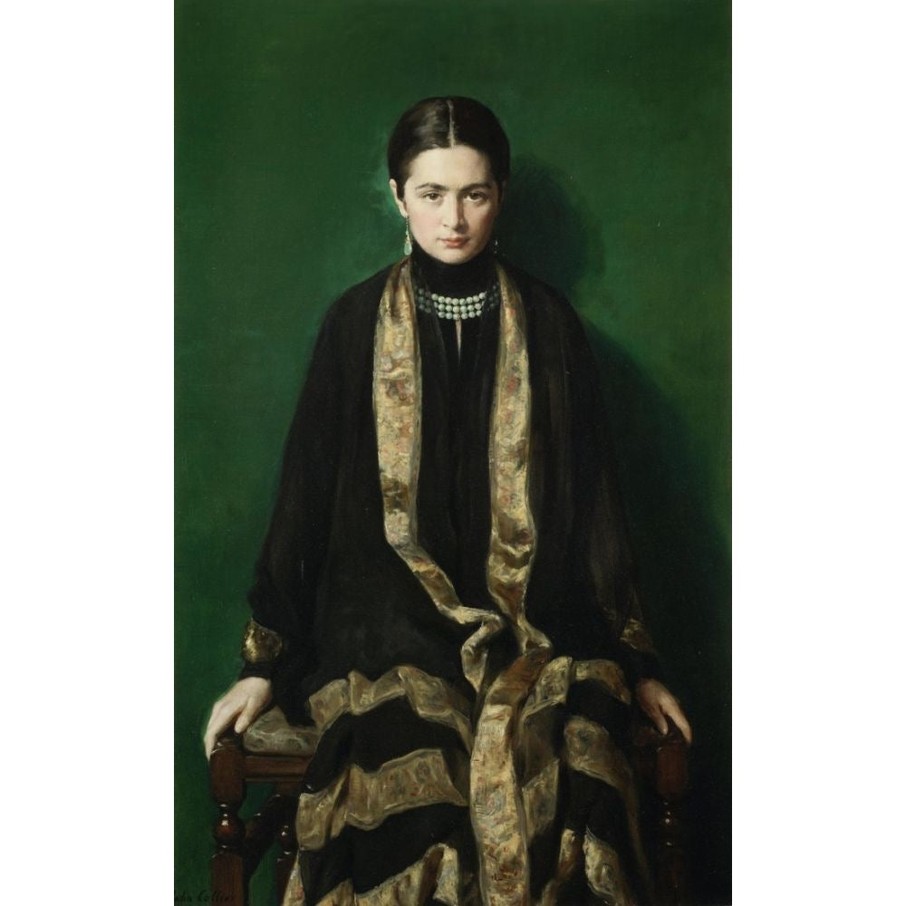 Klassisches Porträt „Mrs. Dalahaye“ von John Collier: Eine Frau in schwarzem Gewand mit goldener Stola vor dunkelgrünem Hintergrund.