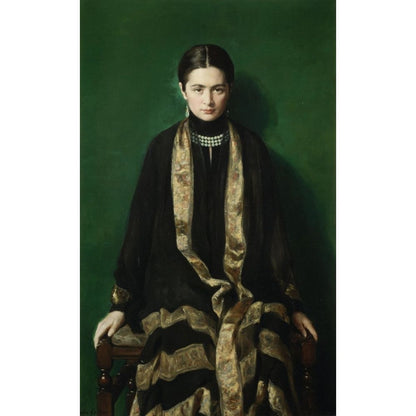 Klassisches Porträt „Mrs. Dalahaye“ von John Collier: Eine Frau in schwarzem Gewand mit goldener Stola vor dunkelgrünem Hintergrund.