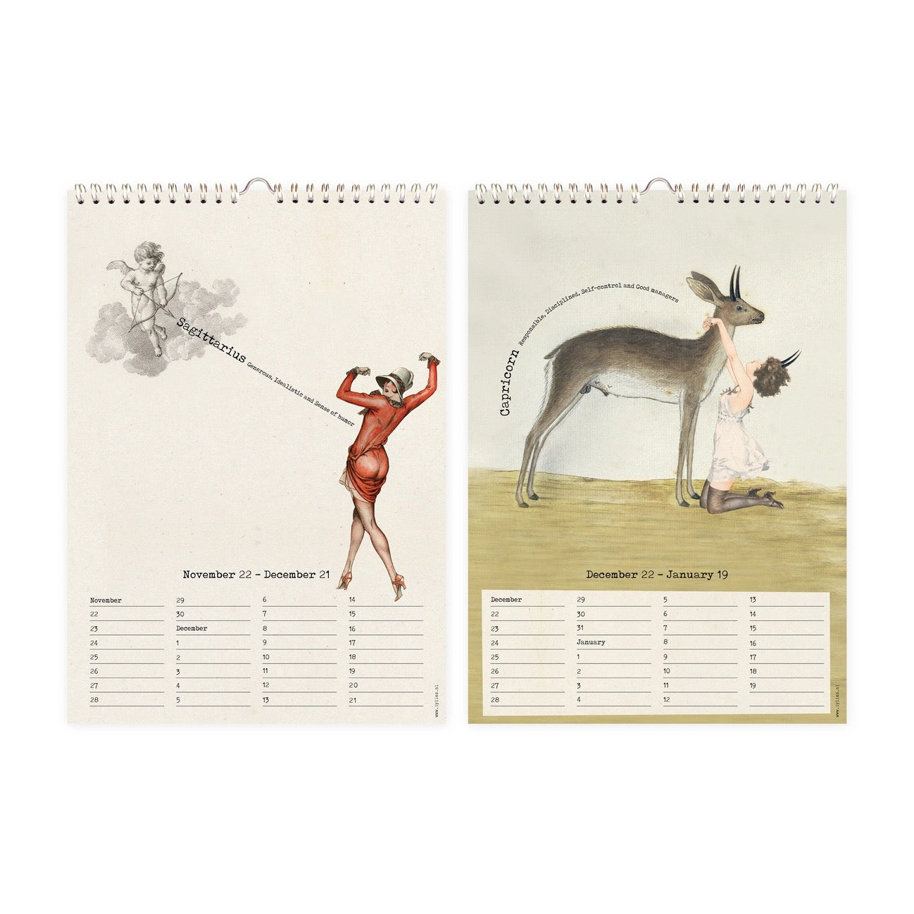Zwei Kalenderseiten. Links: Sternzeichen Schütze (Sagittarius). Ein kleiner Putto mit Pfeil und Bogen schwebt auf einer Wolke und zielt auf eine tanzende Frau in einem roten Kleid. Rechts: Sternzeichen Steinbock (Capricorn). Eine Frau in einem weißen Kleid kniet ehrfürchtig vor einer großen, naturgetreu gezeichneten Antilope (Steinbock-Interpretation).