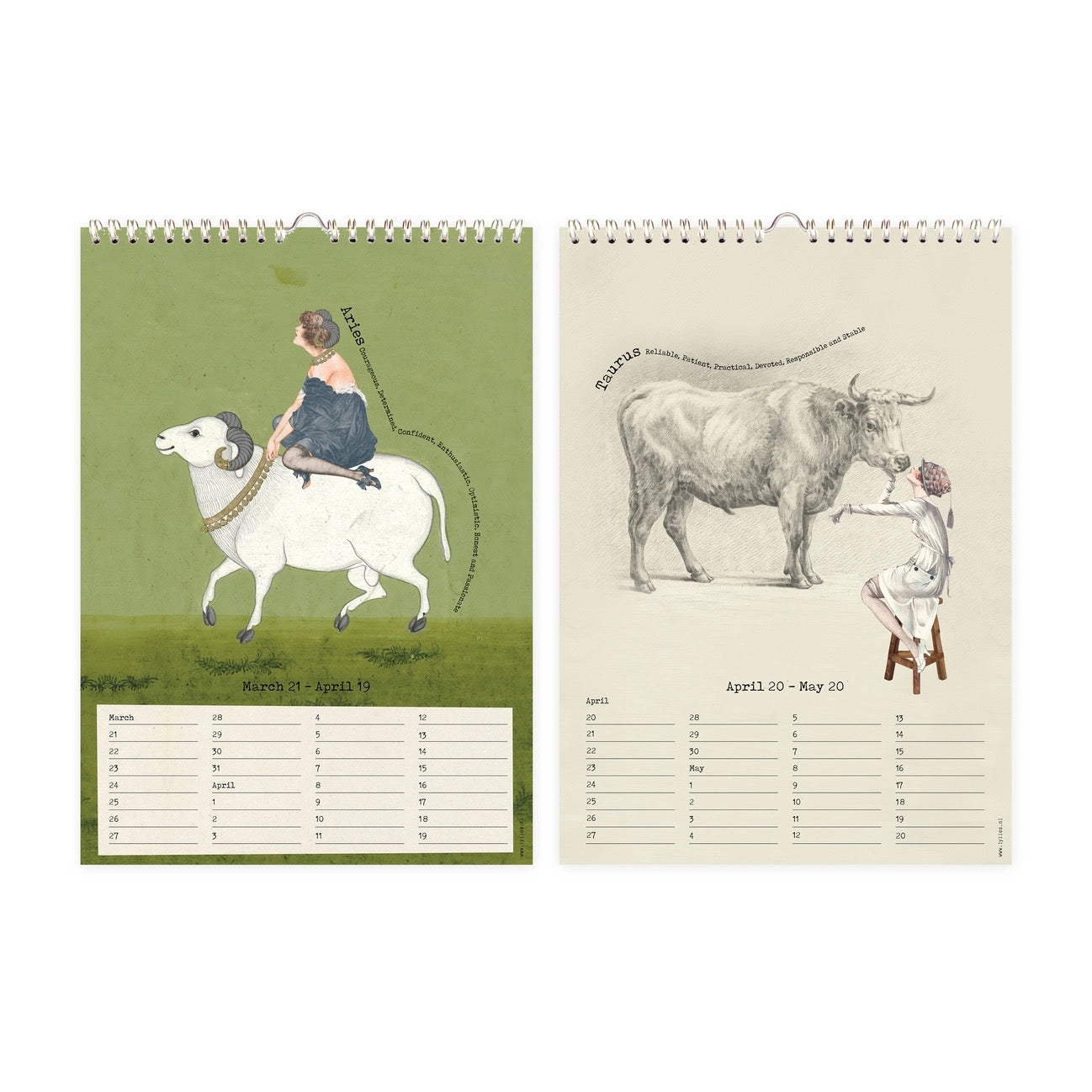 Zwei geöffnete Kalenderseiten. Links: Sternzeichen Widder (Aries) auf grünem Hintergrund. Eine Frau sitzt auf einem großen, weiß gezeichneten Widder mit goldenem Halsband. Rechts: Sternzeichen Stier (Taurus). Eine Frau auf einem Schemel blickt einem detailreich gezeichneten, massiven Stier direkt in die Augen. Die Ränder der Motive sind mit Charaktereigenschaften wie „Courageous“ oder „Reliable“ beschriftet.