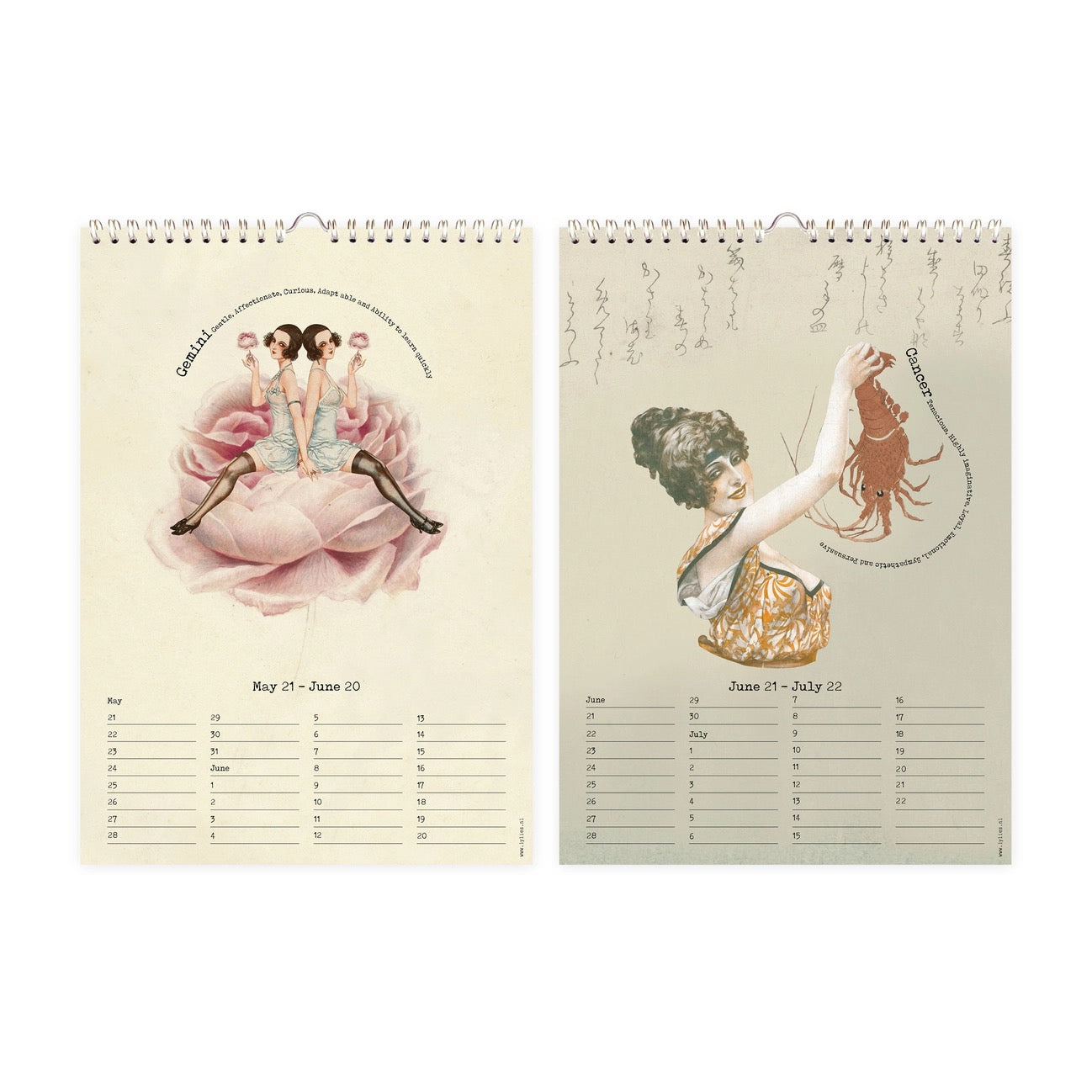 Zwei Kalenderseiten. Links: Sternzeichen Zwillinge (Gemini). Zwei identisch gekleidete Frauen in Vintage-Lingerie sitzen Rücken an Rücken in der Mitte einer voll aufgeblühten rosa Rose. Rechts: Sternzeichen Krebs (Cancer). Eine lächelnde Frau im Retro-Stil hält einen großen, detailliert illustrierten Hummer in die Höhe. Der Hintergrund ist mit feiner japanischer Kalligrafie verziert.