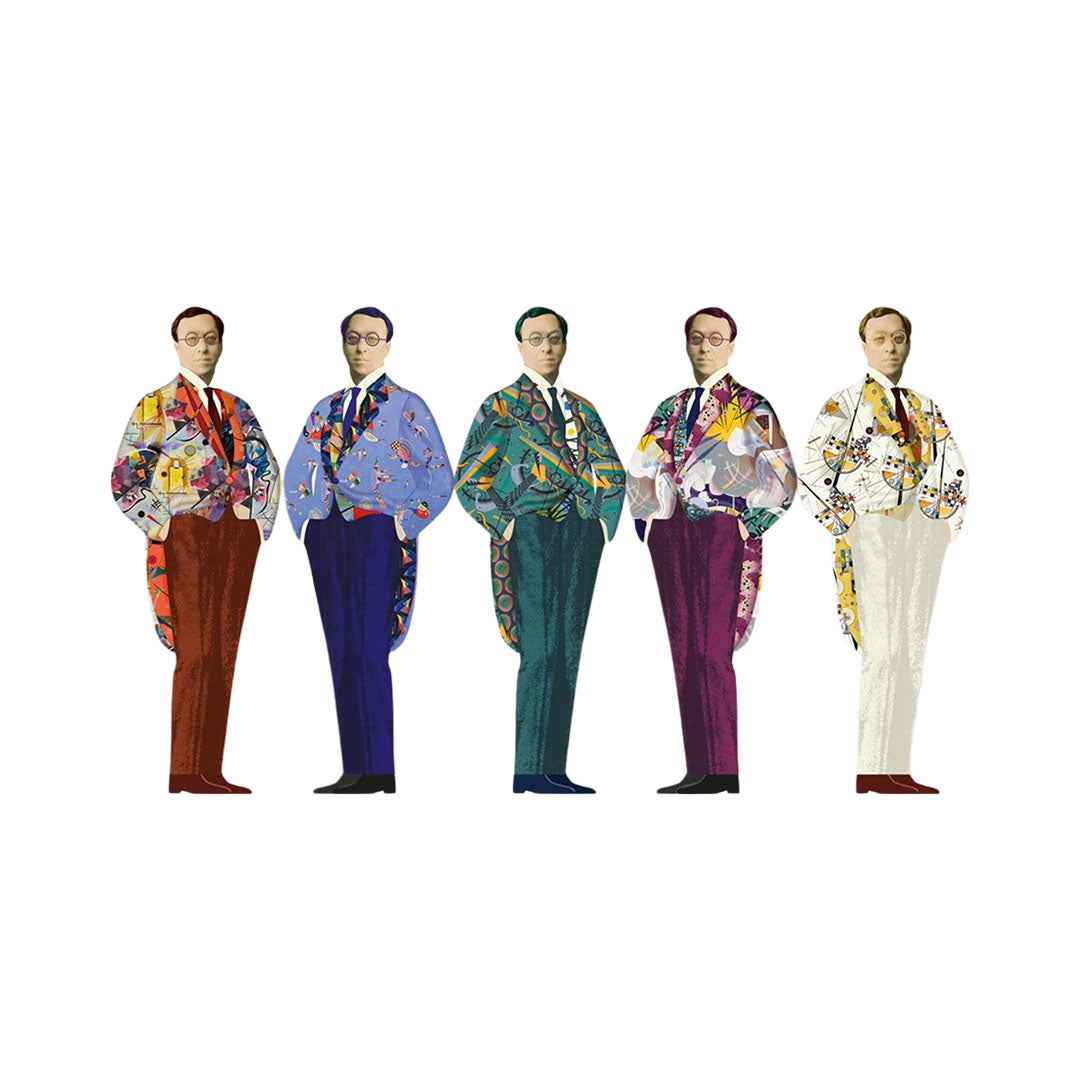 Die komplette Kollektion des 5er-Sets der Wassily Kandinsky Lesezeichen nebeneinander aufgereiht. Jede Silhouette zeigt das identische Porträt des Künstlers, jedoch in unterschiedlich gemusterten Anzügen im abstrakten Kunststil. Die Hosen und Frack-Akzente variieren von links nach rechts in Terracottabraun, Dunkelblau, Smaragdgrün, Violett und Cremeweiß.
