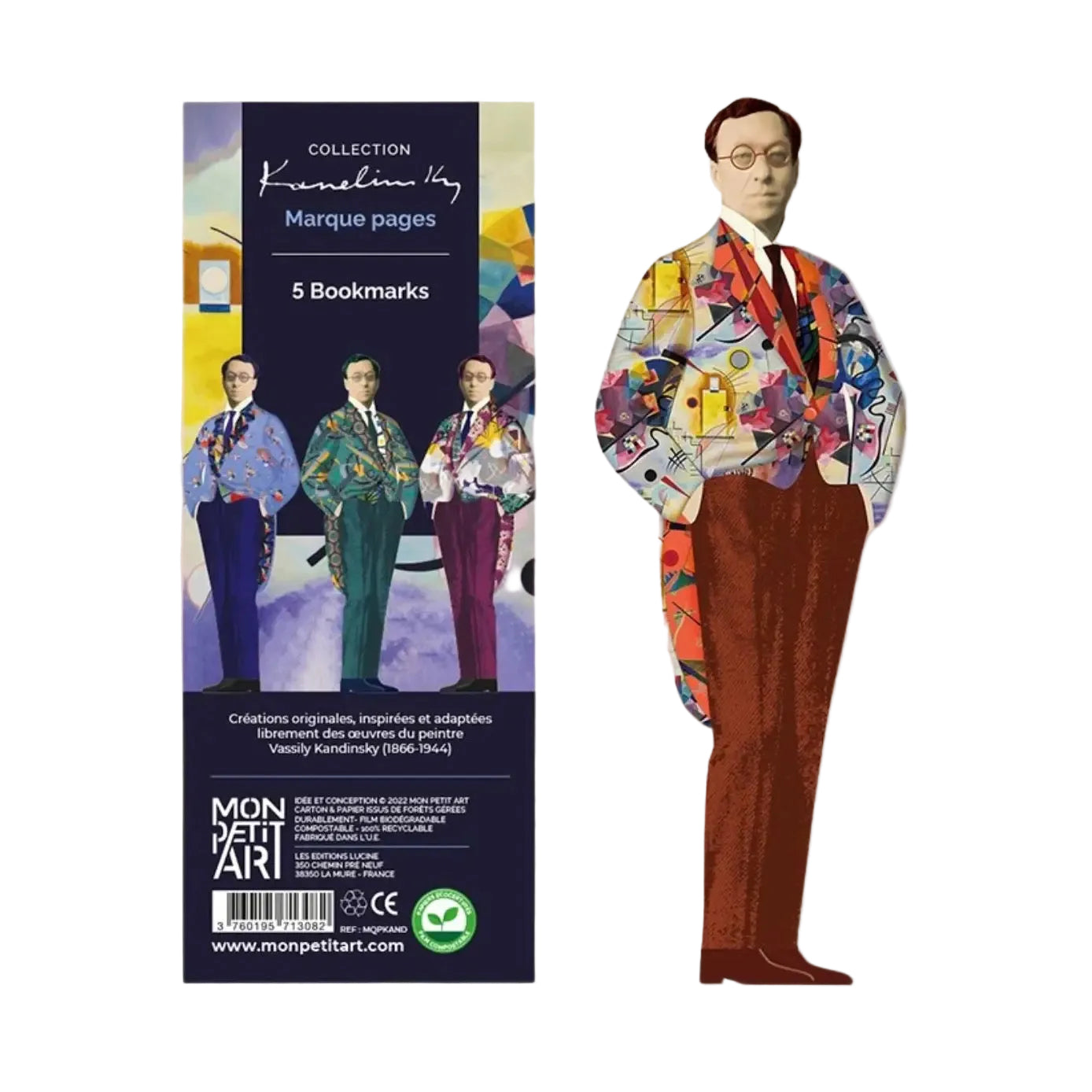 Produktansicht des Wassily Kandinsky Lesezeichen-Sets von Mon Petit Art vor einem hellen Farbverlauf. Links die dunkelblaue Kartonverpackung mit der Aufschrift „Collection Kandinsky – Marque pages“ und Abbildungen der Motive. Rechts steht ein einzelnes, figürlich gestanztes Lesezeichen, das den Künstler mit Brille im farbenfroh gemusterten Frack und einer terracottabraunen Hose zeigt.