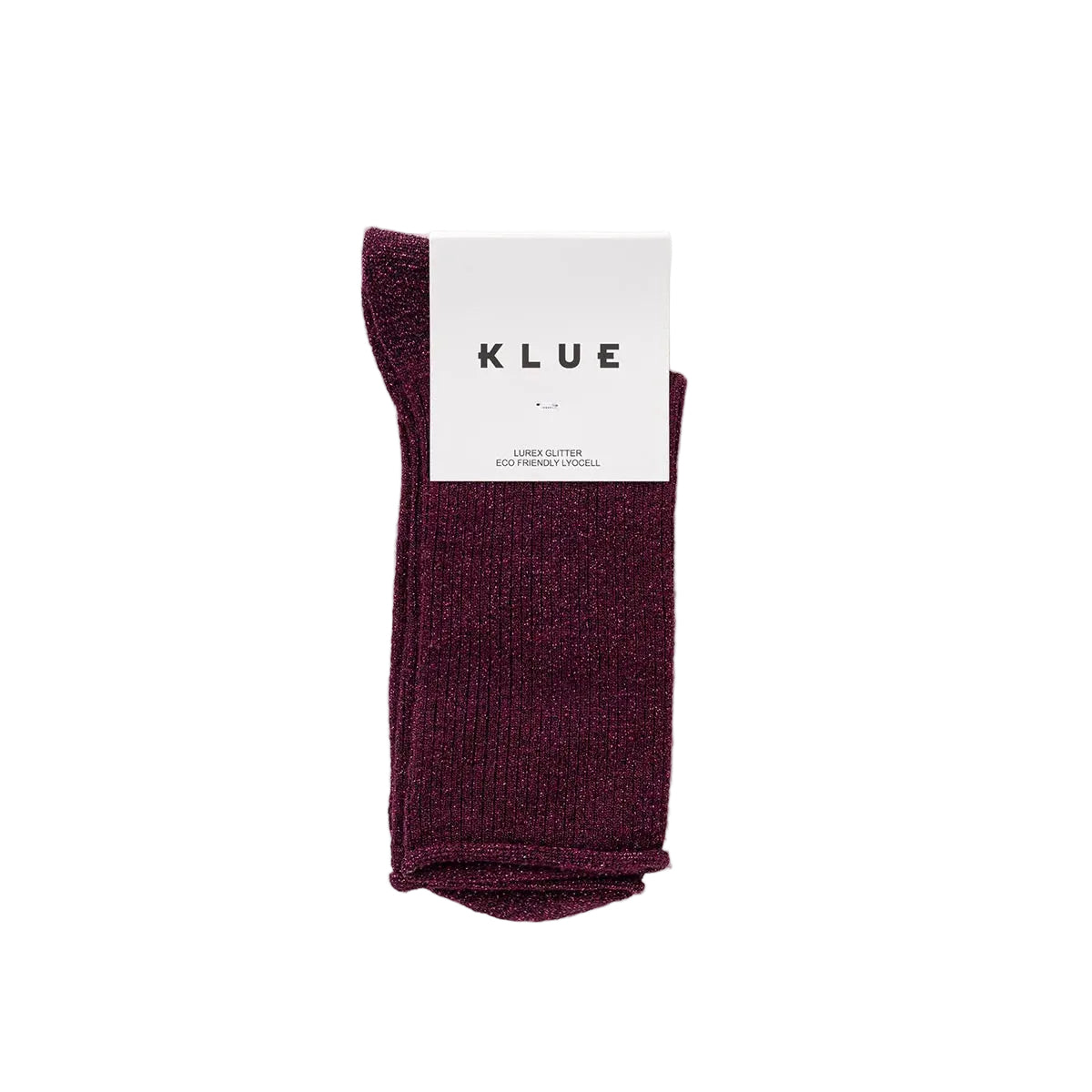 KLUE Lurex-Glitzersocken aus nachhaltigem Bamboo-Lyocell in Weinrot mit weißer Papier-Banderole auf weißem Hintergrund.