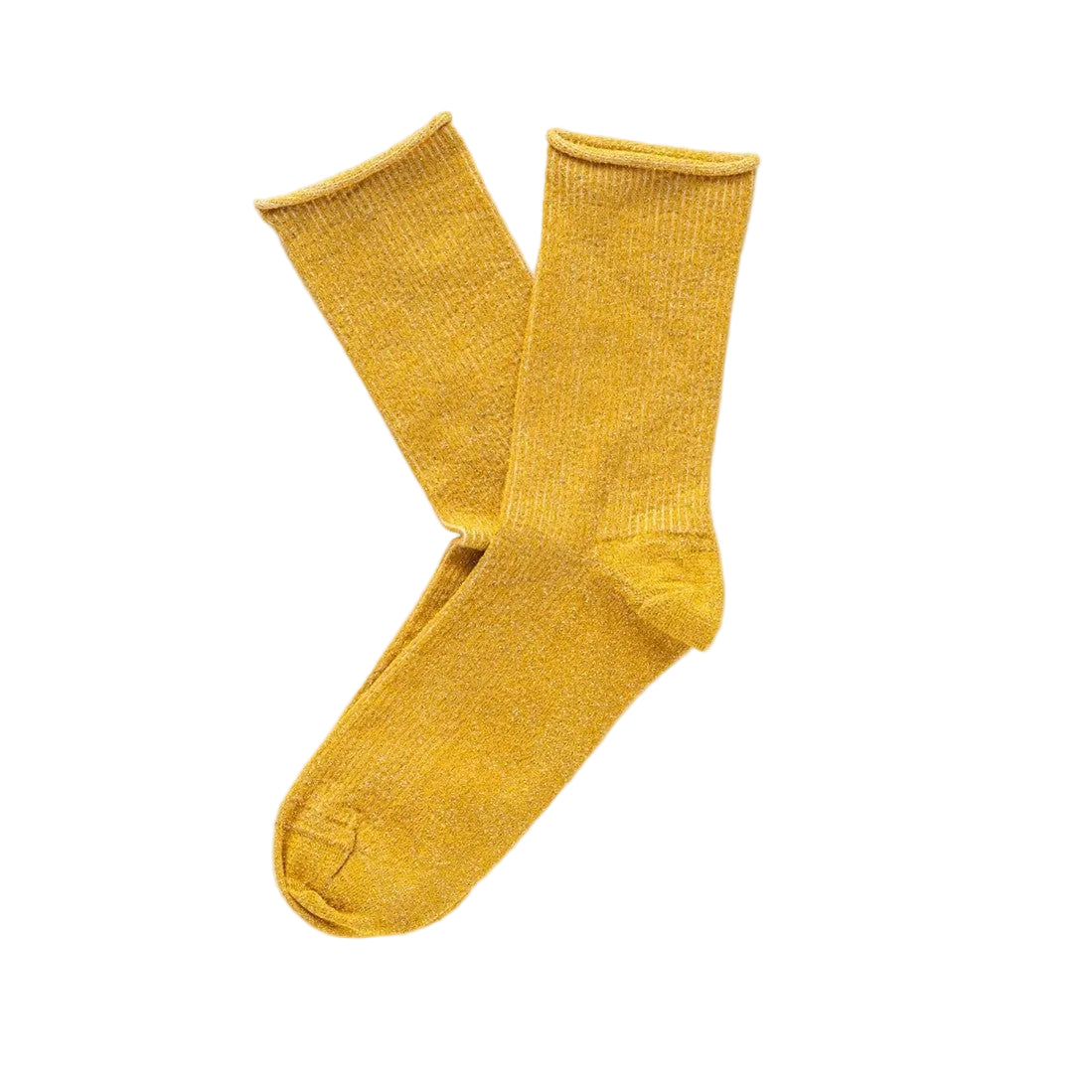 Gelbe, glitzernde Socken von KLUE aus Eco-Lyocell mit weichem Rollbündchen, flach ausgelegt.