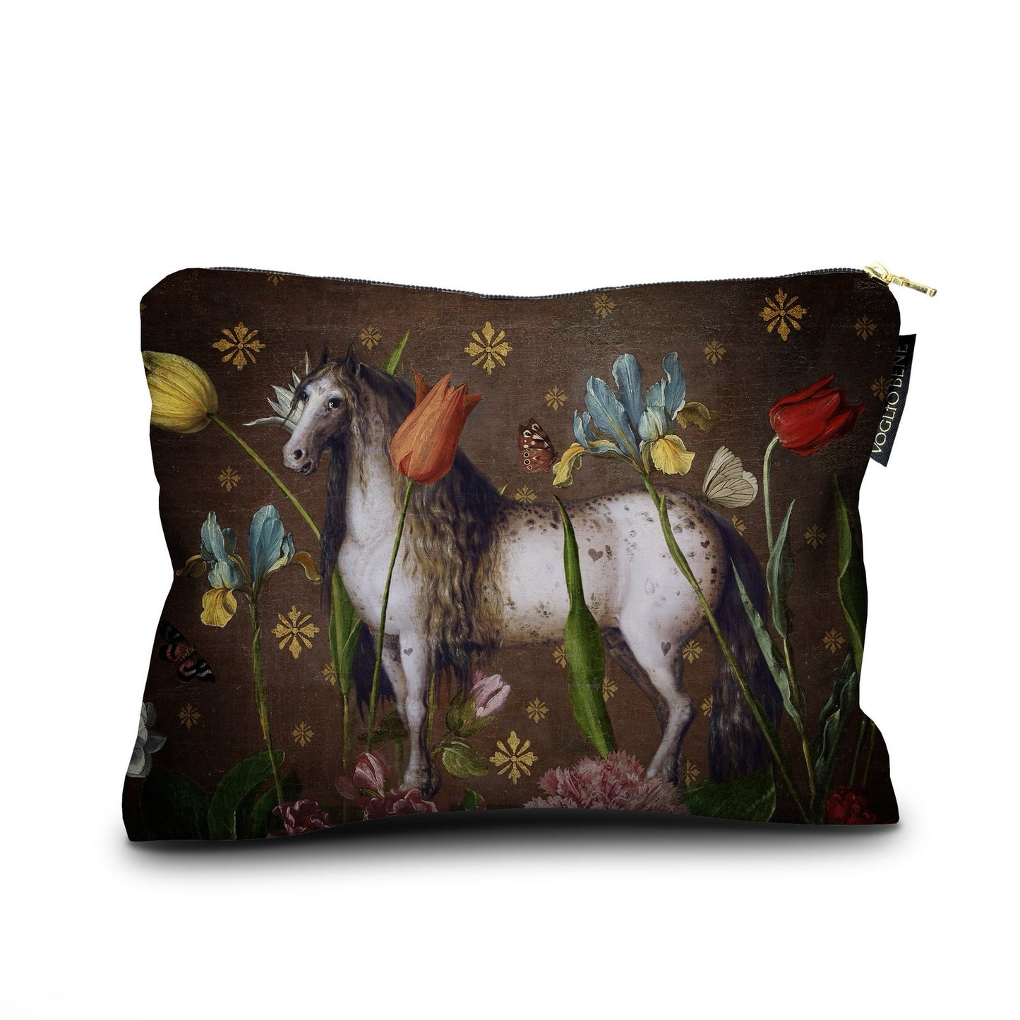Kosmetiktasche mit Reißverschluss, bedruckt mit einem weißen Pferd und verschiedenen Blumen auf dunklem Hintergrund