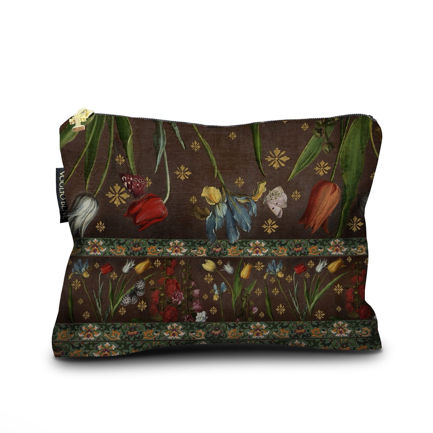 Kosmetiktasche mit Reißverschluss, braun mit floralem Muster und goldfarbenen Akzenten
