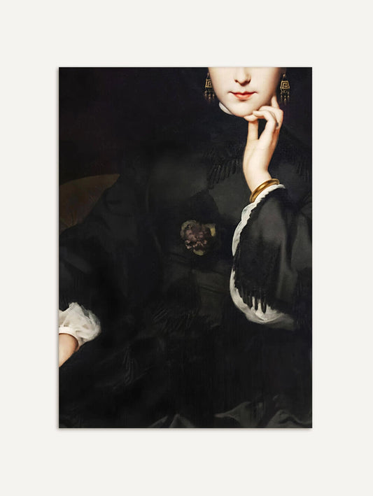 Eugène Amaury-Duval Kunstdruck im A4-Format zeigt das elegante Porträt von Madame de Loynes im dunklen Samtkleid.