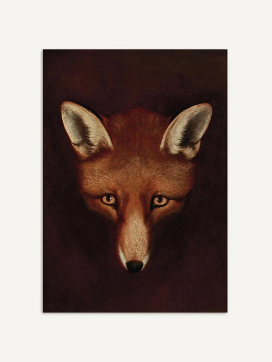 Fine-Art-Kunstdruck von Philip Reinagles Gemälde "Reynard der Fuchs" – Frontales Fuchsporträt vor dunklem, warmem Hintergrund.