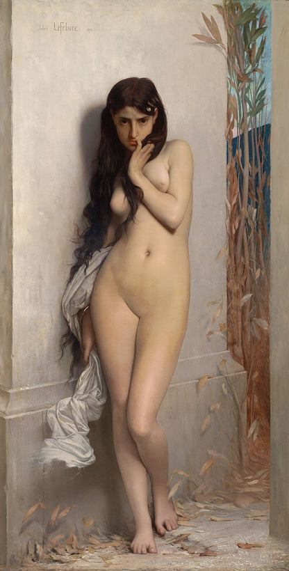 Aktdarstellung „La Cigale“ von Jules Lefebvre: Eine nackte Frau mit langem, dunklem Haar lehnt an einer Steinmauer neben herbstlichen Zweigen.