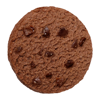 Ein runder, dunkler Schokoladenkeks aus der Vogelperspektive vor weißem Hintergrund. Die Oberfläche besitzt eine leicht raue Textur und ist gleichmäßig mit dunklen Schokoladenstückchen (Chocolate Chips) durchsetzt.