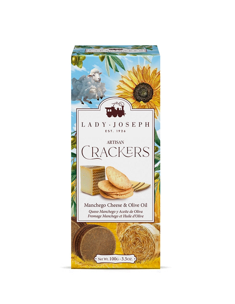Lady Joseph Artisan Crackers Manchego Cheese and Olive Oil 100g Packung Frontansicht mit Manchego-Käse-Illustration