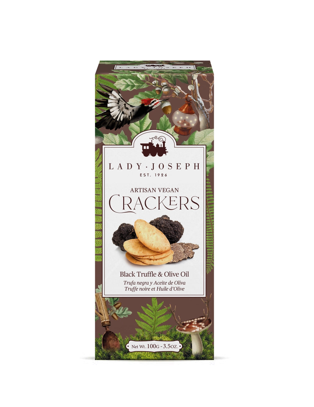 Lady Joseph Black Truffle and Olive Oil Artisan Vegan Crackers 100g Frontansicht mit Trüffel-Illustration