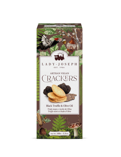 Lady Joseph Black Truffle and Olive Oil Artisan Vegan Crackers 100g Frontansicht mit Trüffel-Illustration