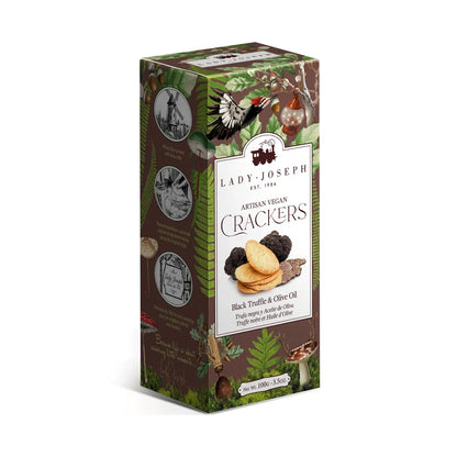 Lady Joseph vegane Artisan Cracker mit schwarzem Trüffel und Olivenöl 100g Packung – Seitenansicht mit Marken-Story