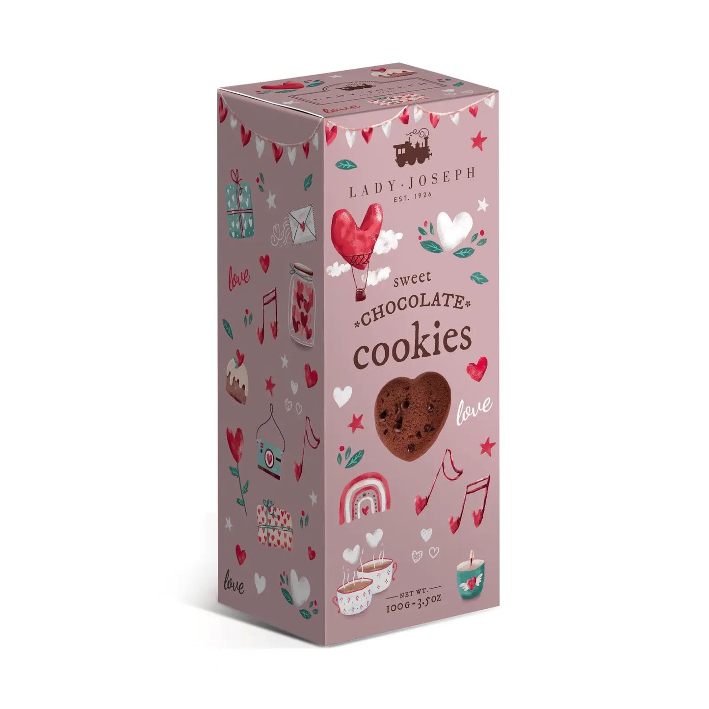 Verpackung für Lady Joseph Schokoladenkekse mit Herzform, dekoriert mit Herzen, Musiknoten, Tassen und Regenbogen auf rosa Hintergrund.