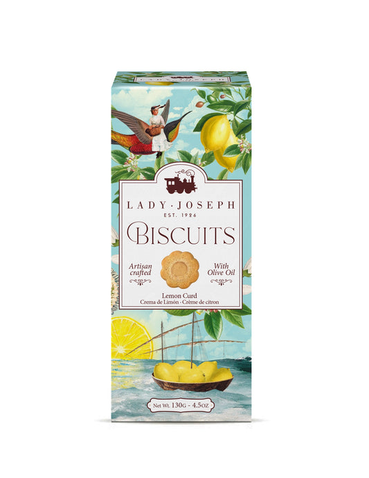 Verpackung für Lady Joseph Biscuits mit Zitronen-Curd-Geschmack, verziert mit Zitronen, einem Segelboot und einem Vogel vor blauem Himmel.