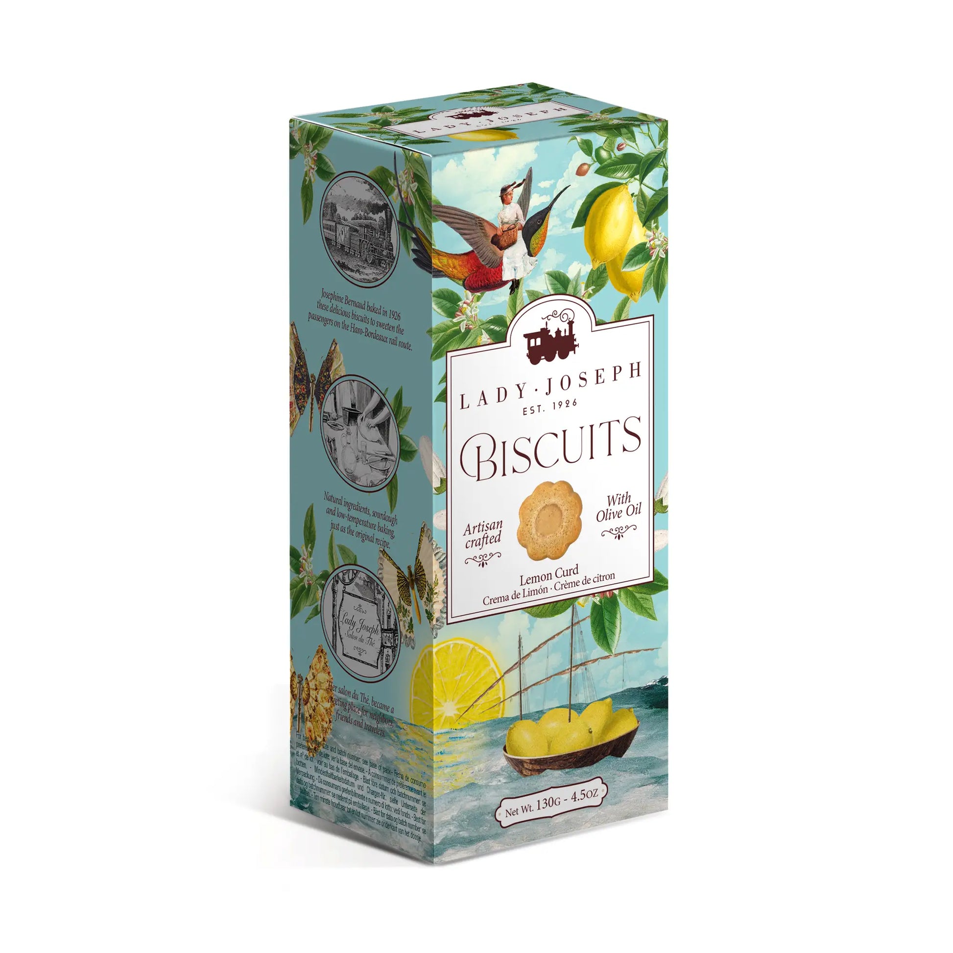 Verpackung für Lady Joseph Biscuits mit Zitronen-Curd-Geschmack, verziert mit Zitronen, einem Segelboot und einem Vogel vor blauem Himmel.