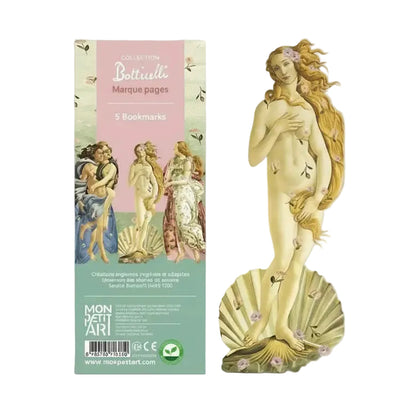 Hellgrüne und rosafarbene Produktverpackung der „Collection Botticelli Marque pages“ von Mon Petit Art mit der Aufschrift „5 Bookmarks“. Rechts daneben steht das ikonische Lesezeichen der Venus mit langem, blondem Haar, die auf einer geöffneten Jakobsmuschel steht und mit zarten Blüten verziert ist.