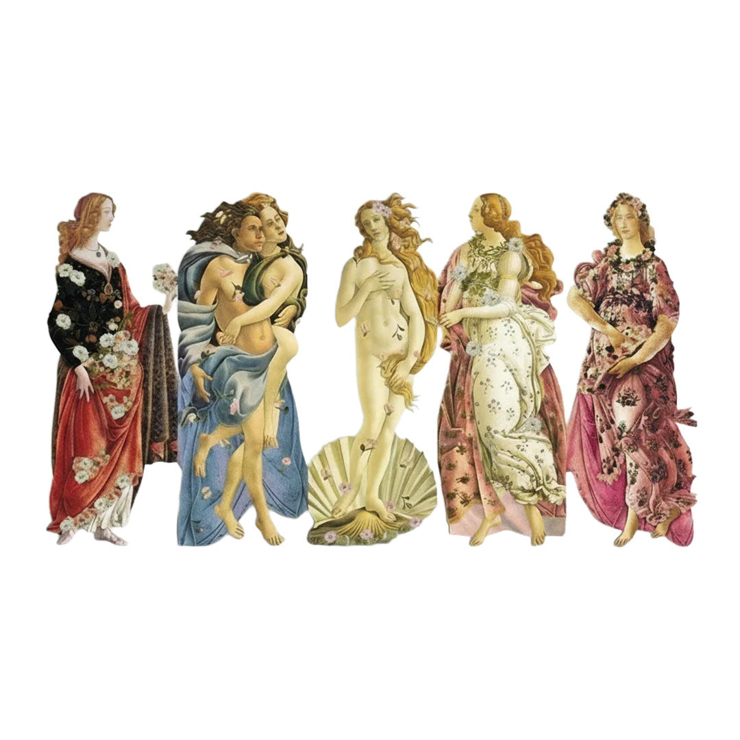 Die fünf formgestanzten Lesezeichen der Botticelli-Kollektion nebeneinander aufgereiht vor grauem Hintergrund. Zu sehen sind fünf klassische Renaissance-Figuren in fließenden, reich verzierten Gewändern mit Blumenmotiven, darunter die Venus auf der Muschel und der Windgott Zephyr mit einer Nymphe.