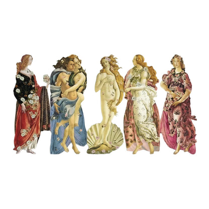 Die fünf formgestanzten Lesezeichen der Botticelli-Kollektion nebeneinander aufgereiht vor grauem Hintergrund. Zu sehen sind fünf klassische Renaissance-Figuren in fließenden, reich verzierten Gewändern mit Blumenmotiven, darunter die Venus auf der Muschel und der Windgott Zephyr mit einer Nymphe.